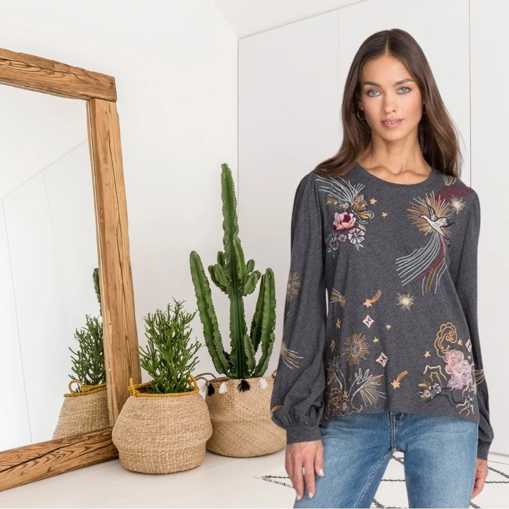 Johnny Was Selah Cuffed Puff Long Sleeve Embroidered Floral Celestial Bird Top